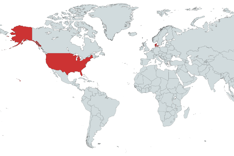 world map - Denmark and US colered in red